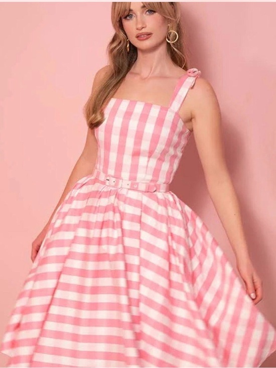 Vixen by Micheline Pitt Dresses & Skirts - Vixen by Micheline Pitt Pink and White Striped Fit-and-Flare Dress small